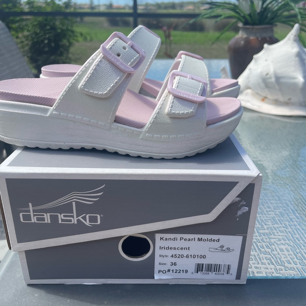 Dansko Kandi Pearl Sandals - Light Pink and Cream